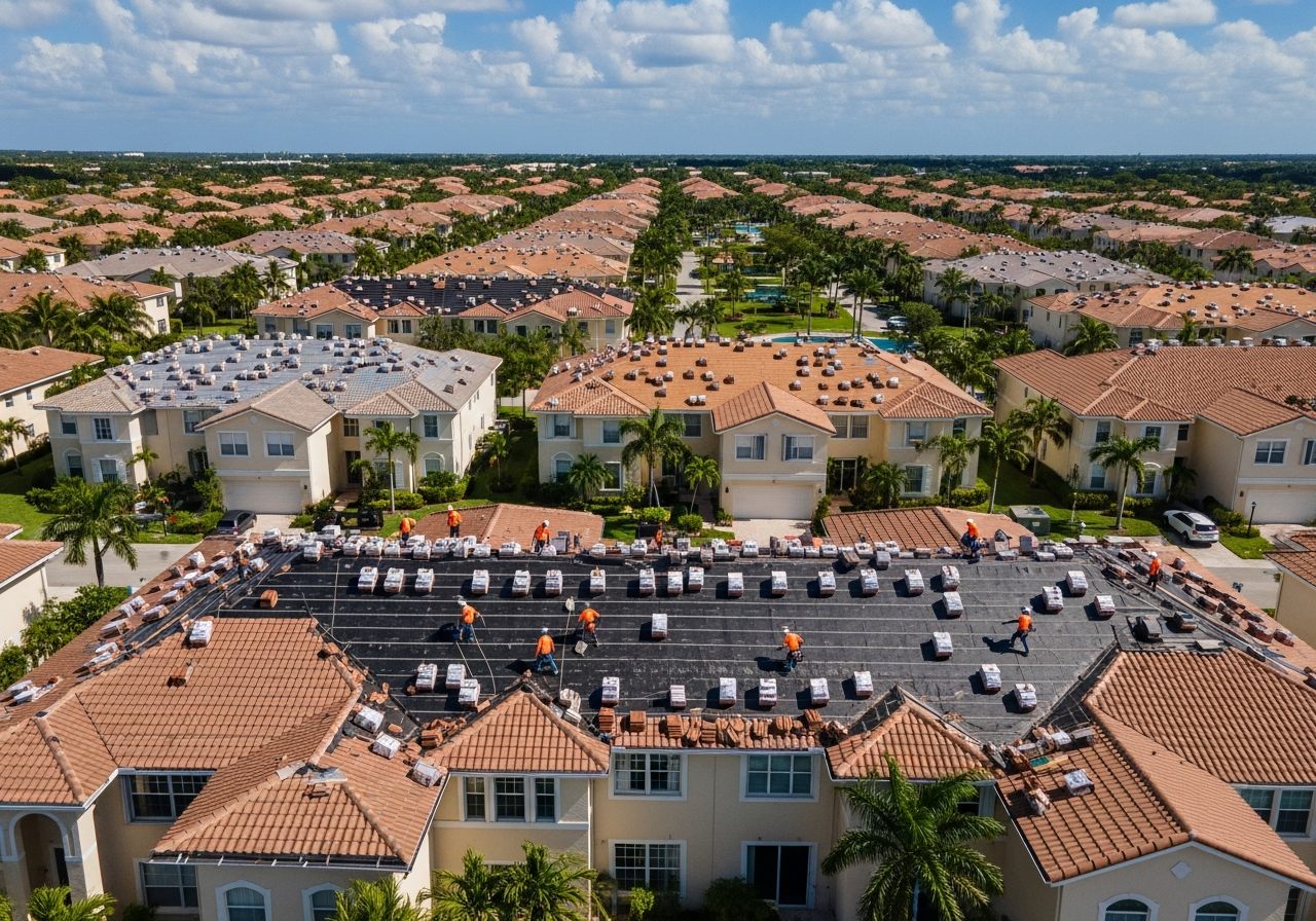 HOA roofing crew installing TPO membrane on a Miami multi-unit community building