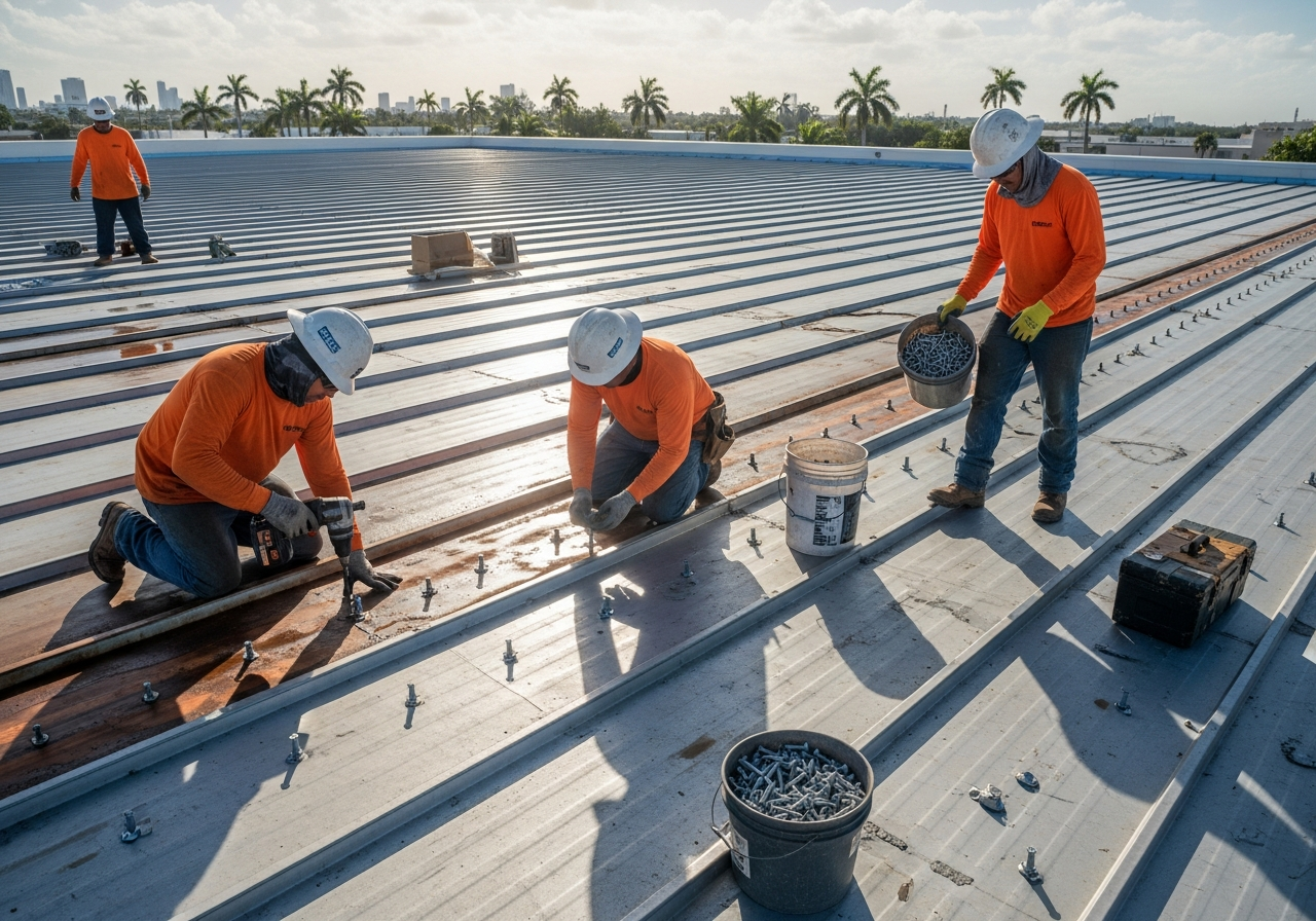 Top Florida Roofing crew repairing standing seam metal roof panels on a Miami commercial building
