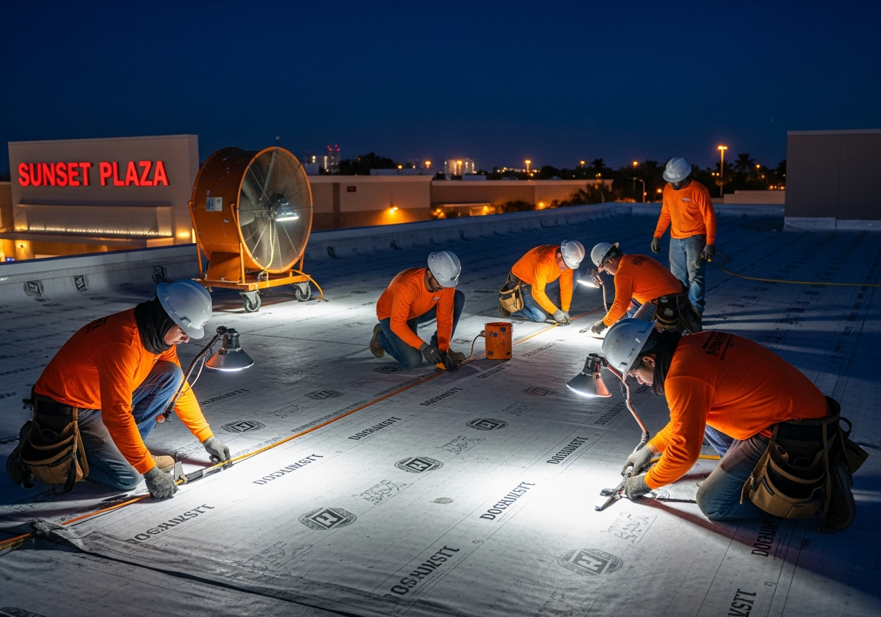 Retail center roofing crew installing TPO membrane on a Miami shopping center
