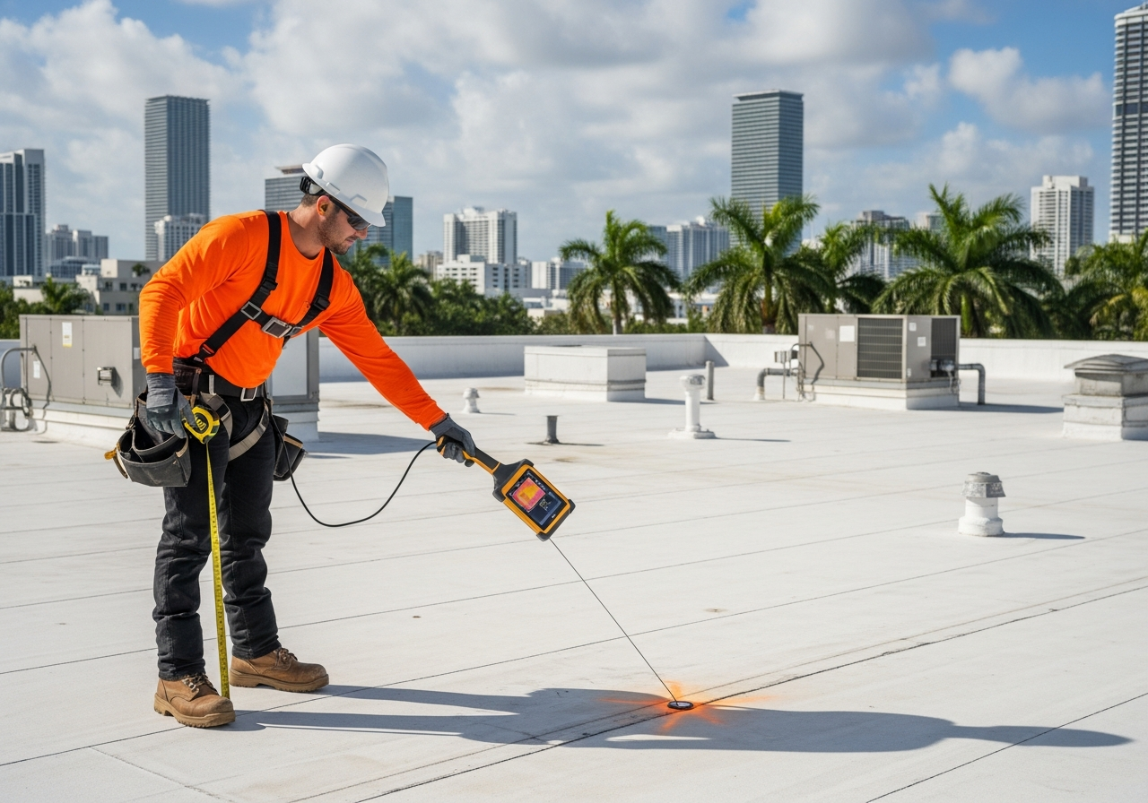 Top Florida Roofing crew locating and repairing a commercial roof leak on a Miami flat roof