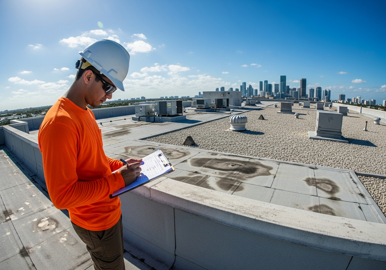 Commercial roof maintenance technicians working on a flat roof in Miami
