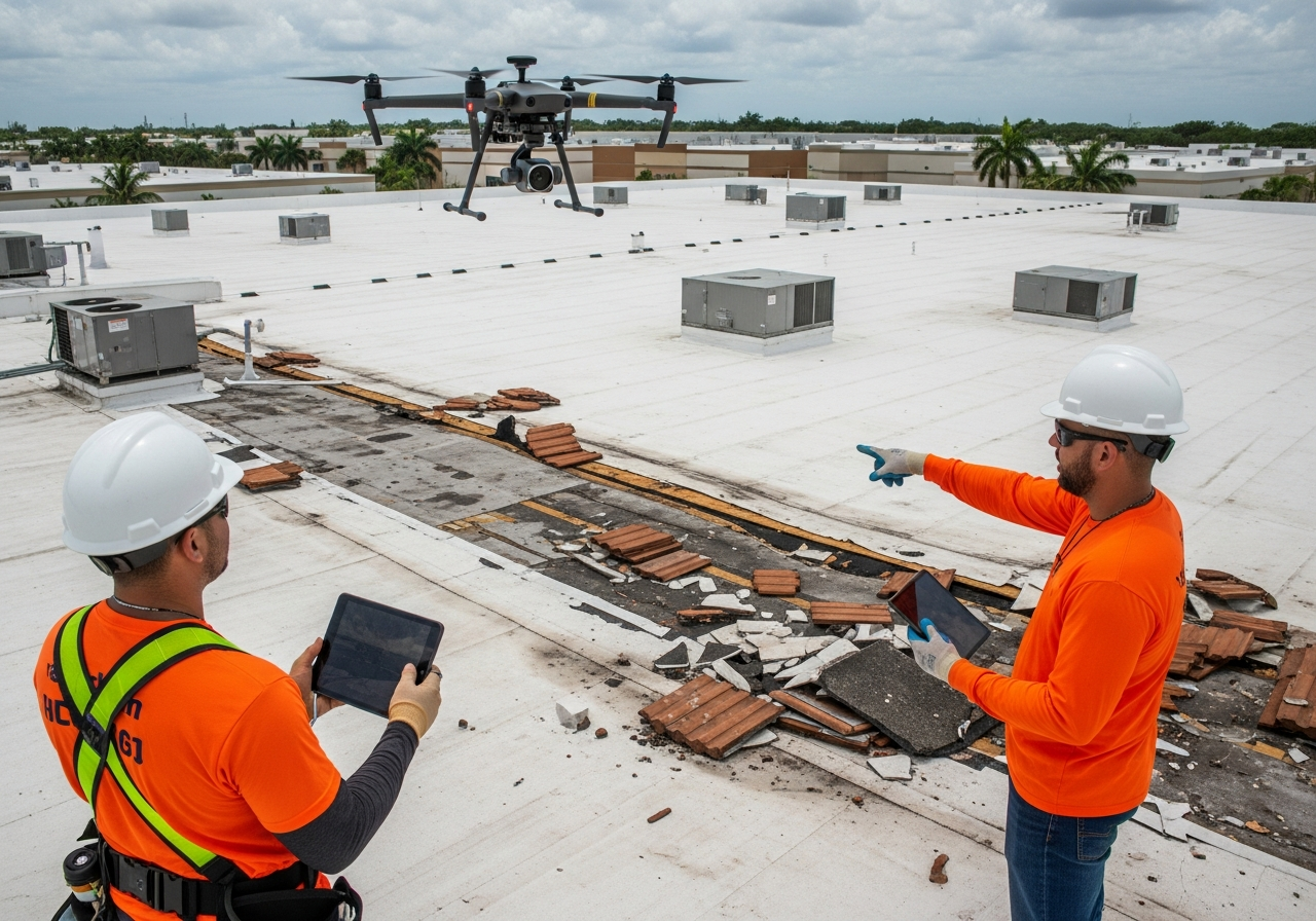 Top Florida Roofing crew documenting and tarping storm-damaged commercial roof in Miami with drone overhead