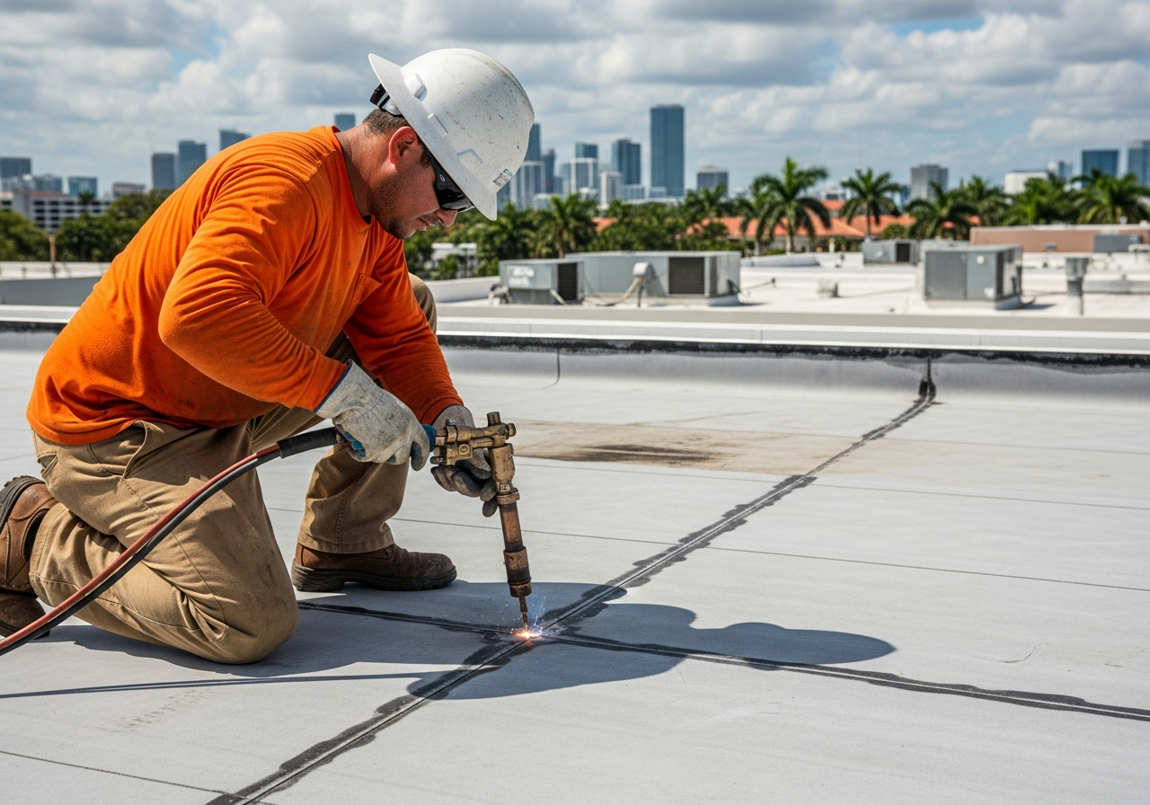 Top Florida Roofing certified crew repairing TPO membrane seams on a commercial rooftop in Miami