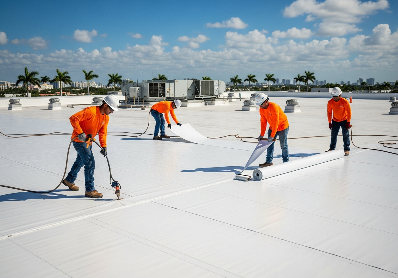 TPO roofing installation crew rolling out membrane on a Miami commercial roof