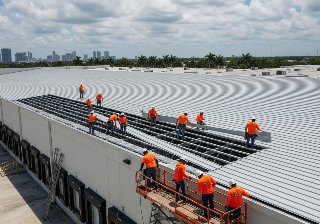 Warehouse roofing crew installing TPO membrane on a large Miami-Dade industrial building