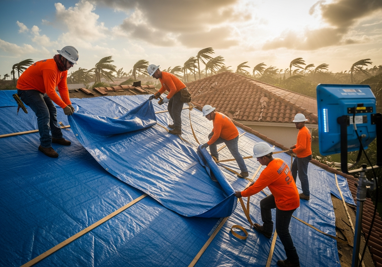 Top Florida Roofing crew tarping a storm-damaged roof in Miami during a lightning storm at night
