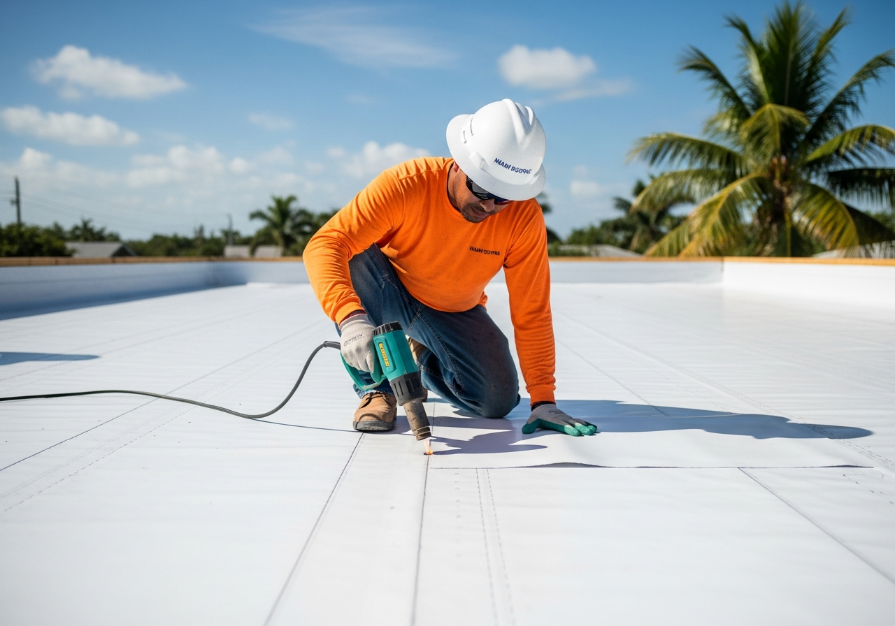 Aerial view of a flat EPDM roof on a residential building in a South Florida neighborhood