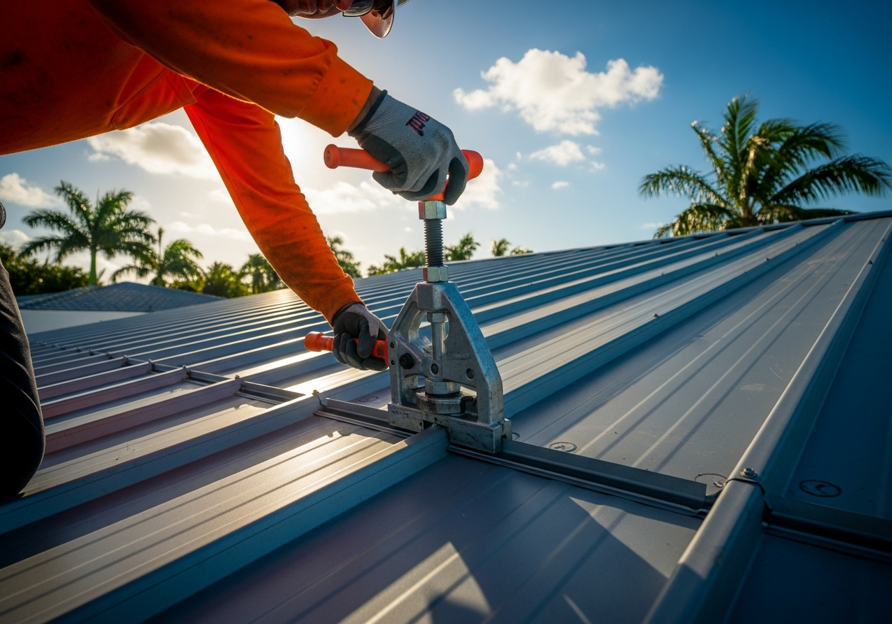 Metal roofing specialist installing standing seam panels on a Miami home at sunset