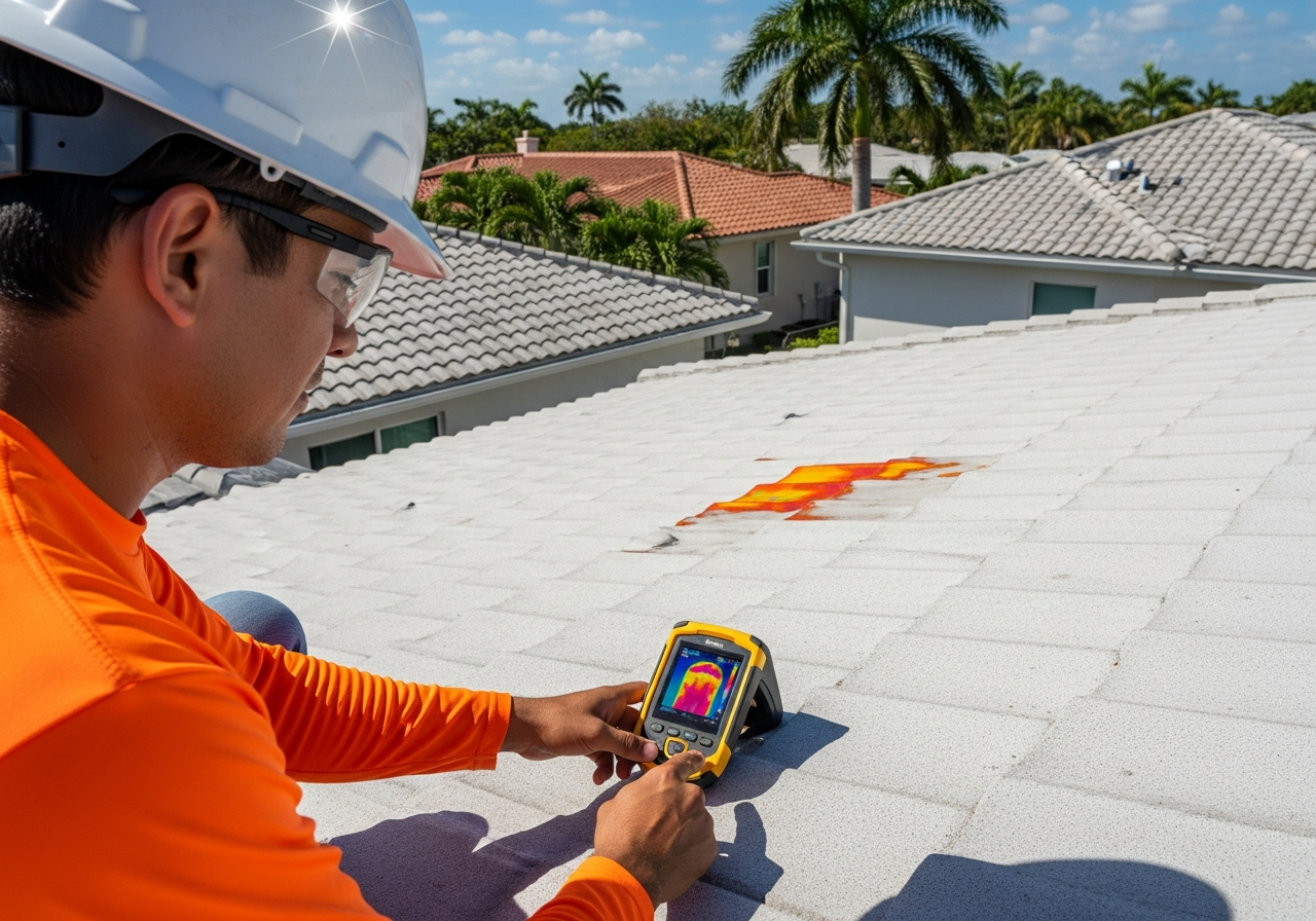 Roofer using drone and infrared scanner to locate and repair a roof leak in Miami