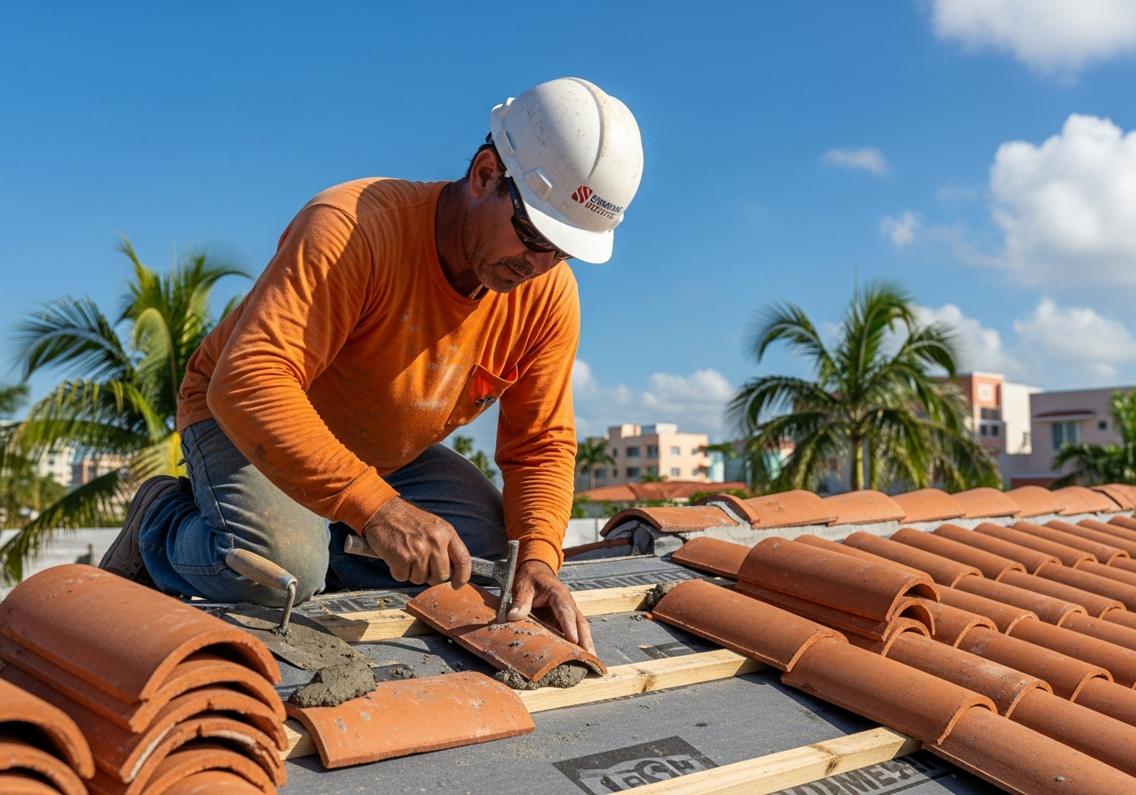 Roofing specialist repairing clay tile on a Miami residential home at dusk