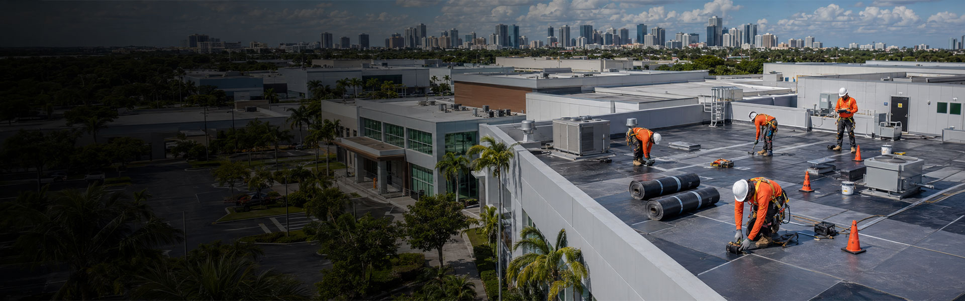 Top Florida Roofing crew installing commercial flat roof membrane on a South Florida building with Miami skyline
