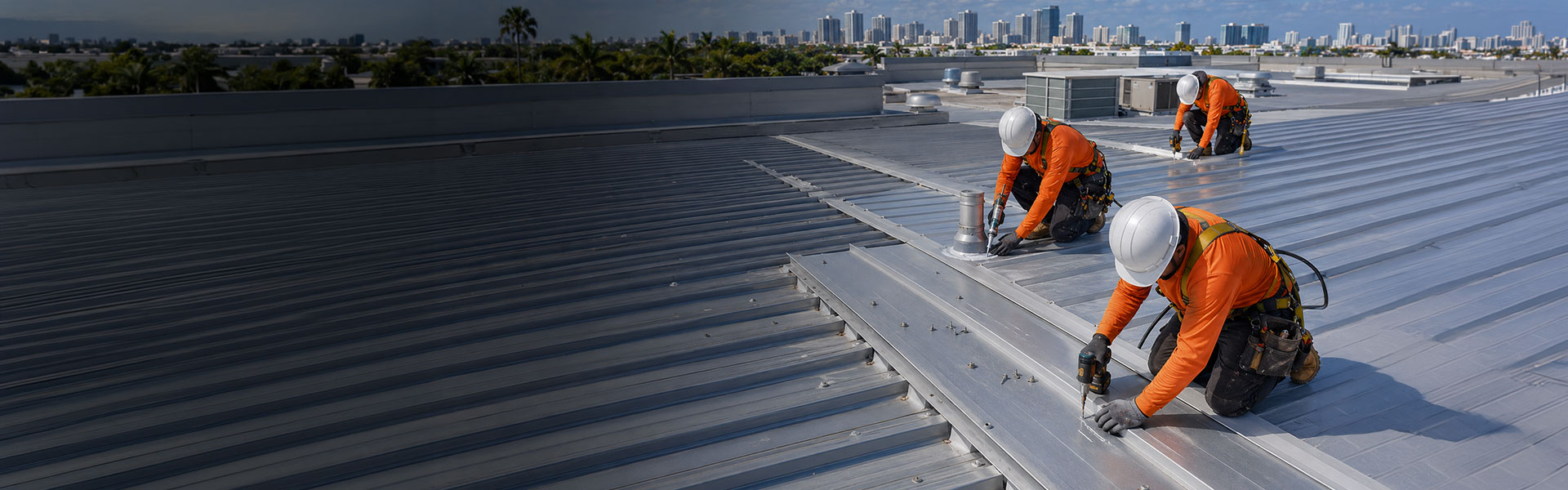 Top Florida Roofing crew repairing standing seam metal roof panels on a Miami commercial building