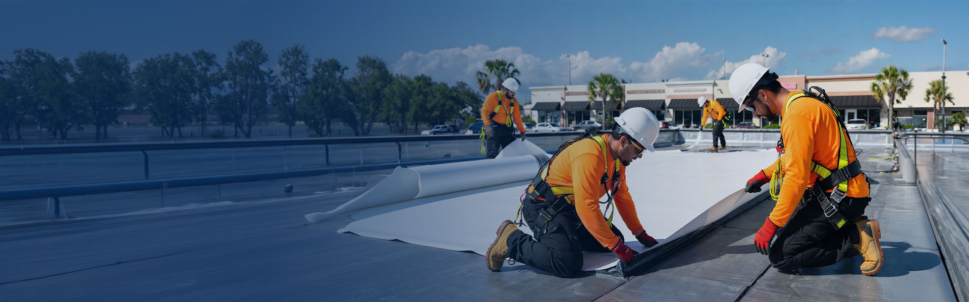 Retail center roofing crew installing TPO membrane on a Miami shopping center