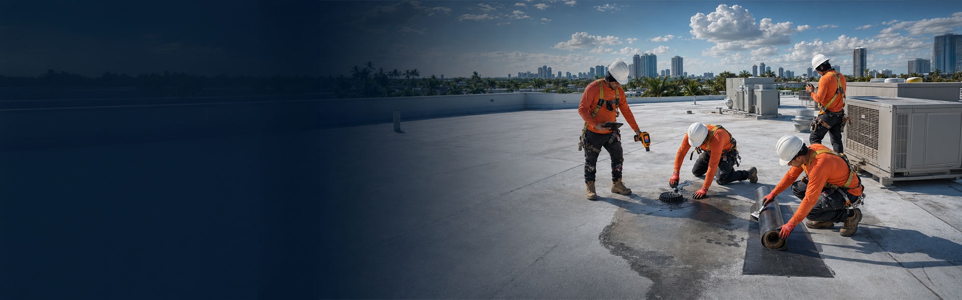 Top Florida Roofing crew locating and repairing a commercial roof leak on a Miami flat roof