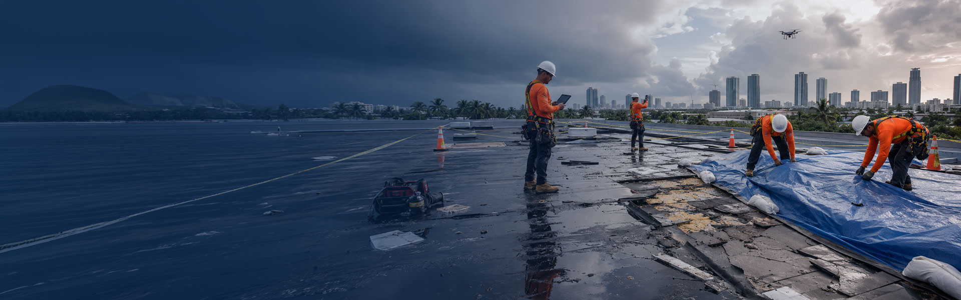 Top Florida Roofing crew documenting and tarping storm-damaged commercial roof in Miami with drone overhead