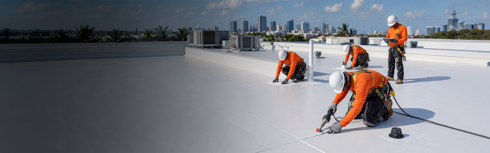 Top Florida Roofing certified crew repairing TPO membrane seams on a commercial rooftop in Miami