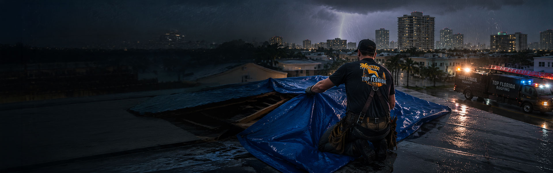 Top Florida Roofing crew tarping a storm-damaged roof in Miami during a lightning storm at night