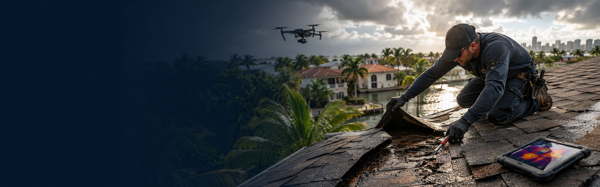 Roofer using drone and infrared scanner to locate and repair a roof leak in Miami