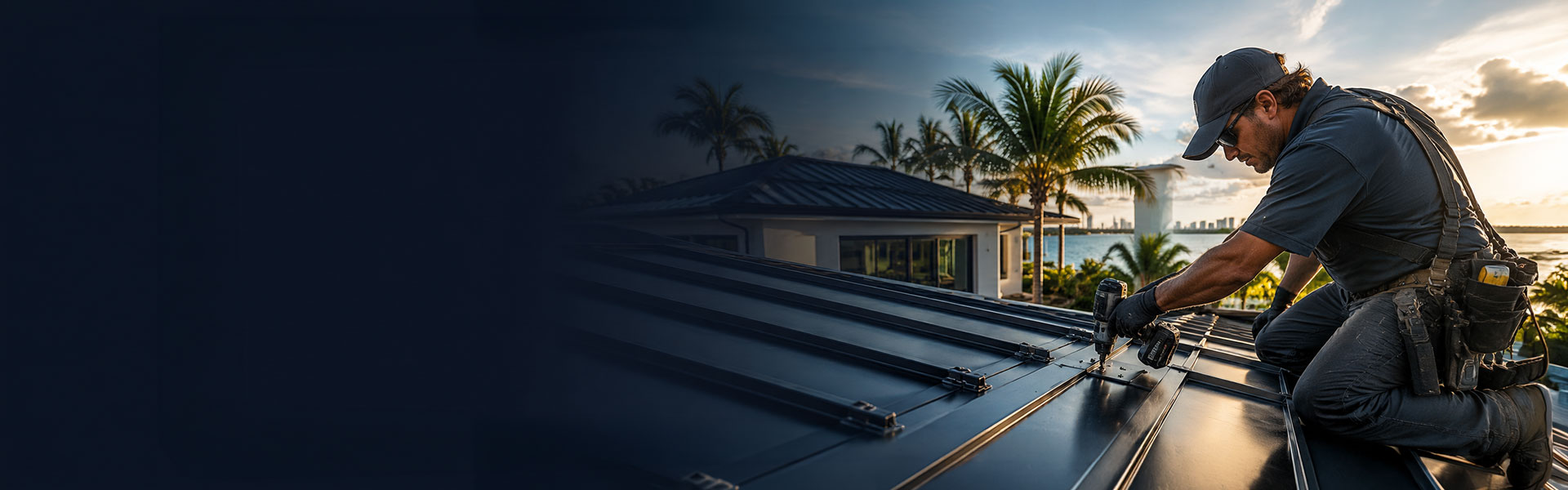 Metal roofing specialist installing standing seam panels on a Miami home at sunset