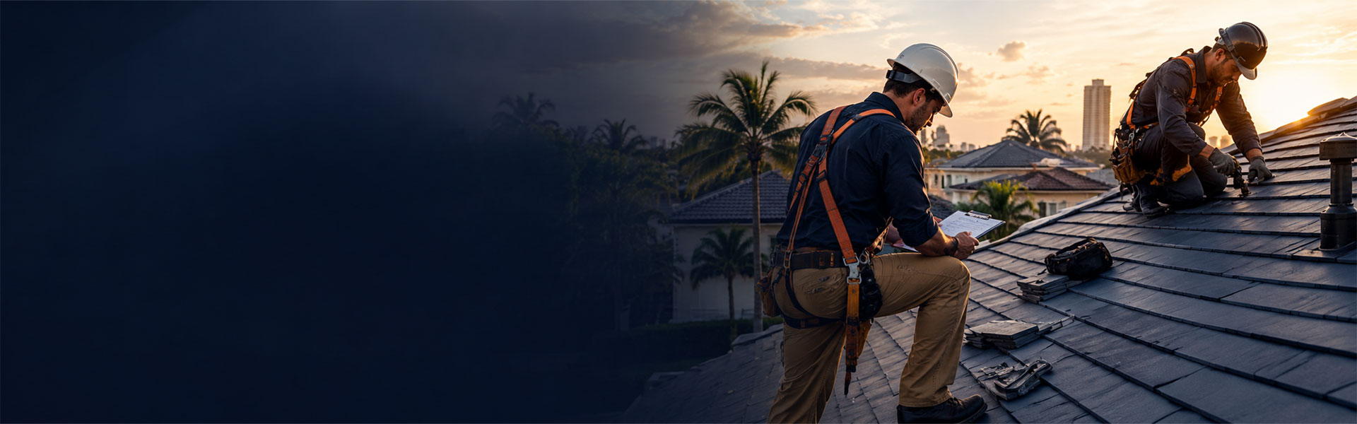 Roofing crew working on a residential roof at sunset in Miami