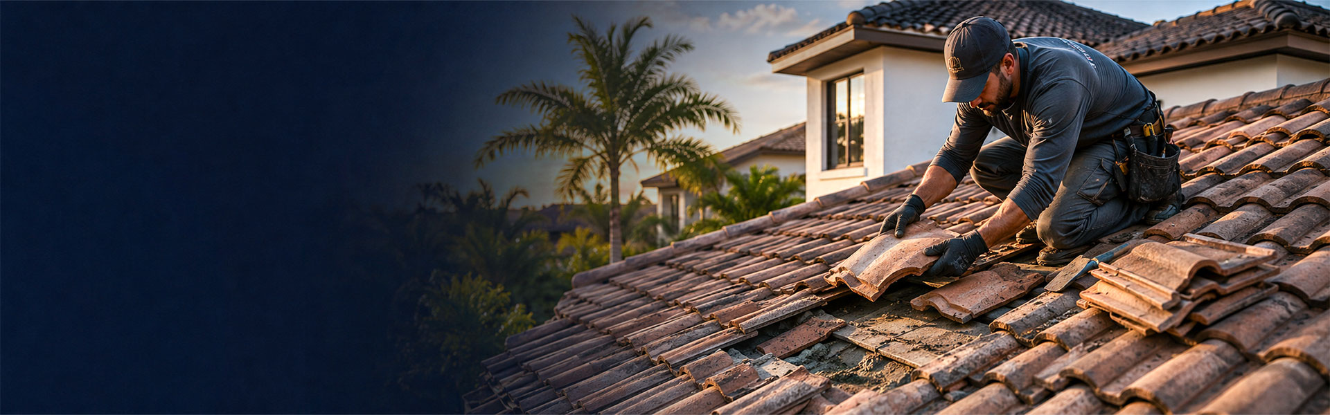 Roofing specialist repairing clay tile on a Miami residential home at dusk