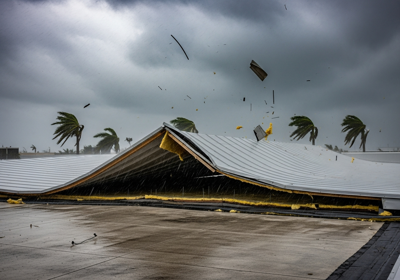 Roof Opened by Storm — Building Exposed