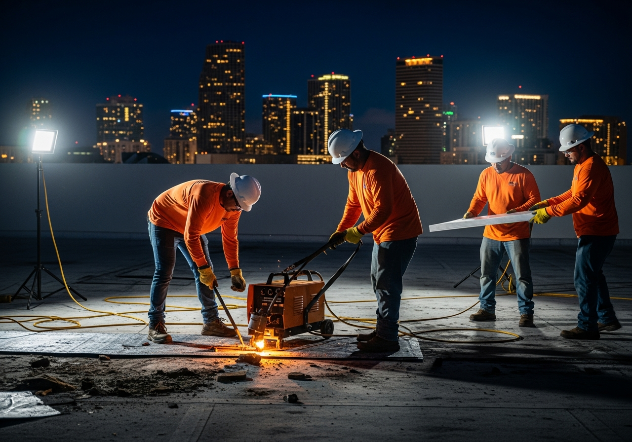 Emergency commercial roof repair crew working at night on a Miami rooftop