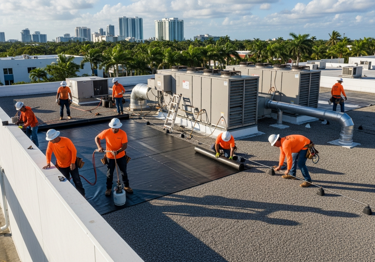 Top Florida Roofing crew repairing a commercial flat roof membrane in Miami with skyline backdrop
