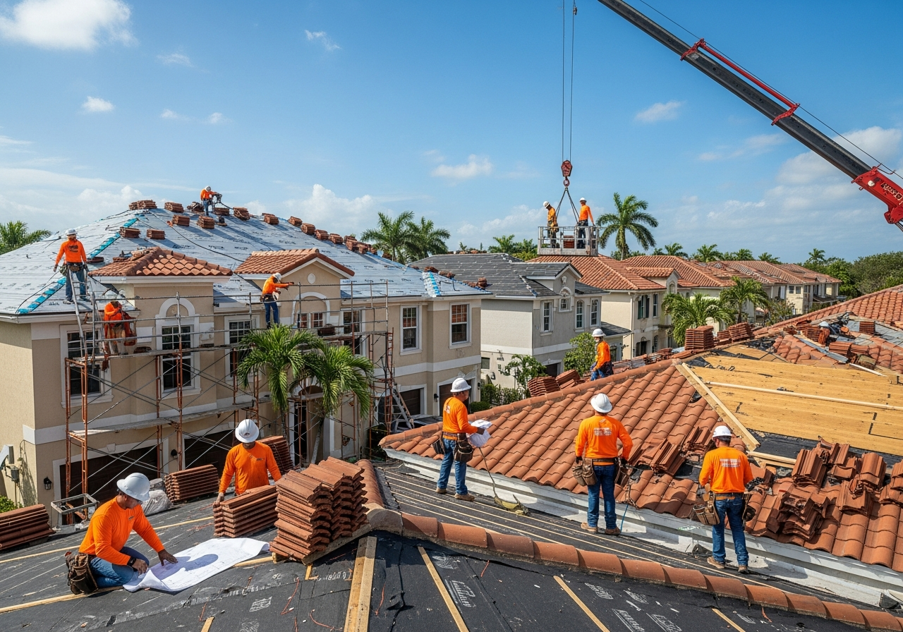HOA roofing crew installing TPO membrane on a Miami multi-unit community building