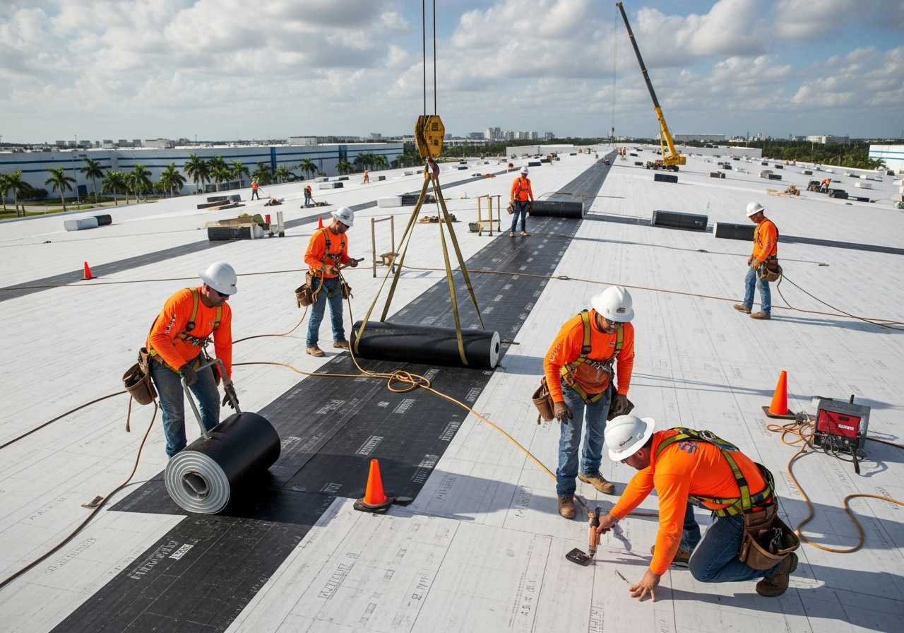 Industrial roofing crew working on a heavy-use facility roof in Miami with industrial equipment in background