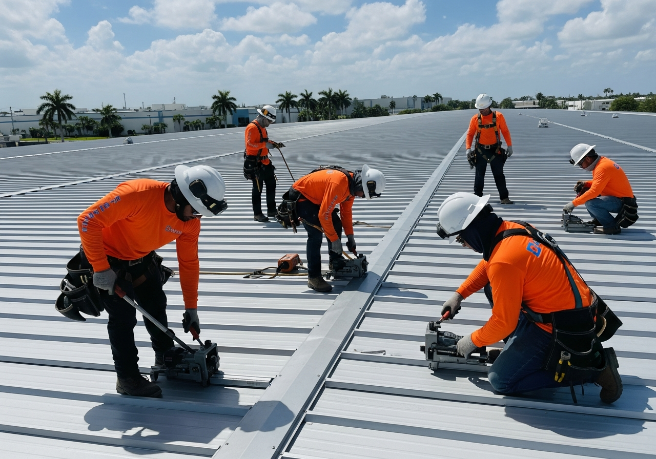 Top Florida Roofing crew repairing standing seam metal roof panels on a Miami commercial building