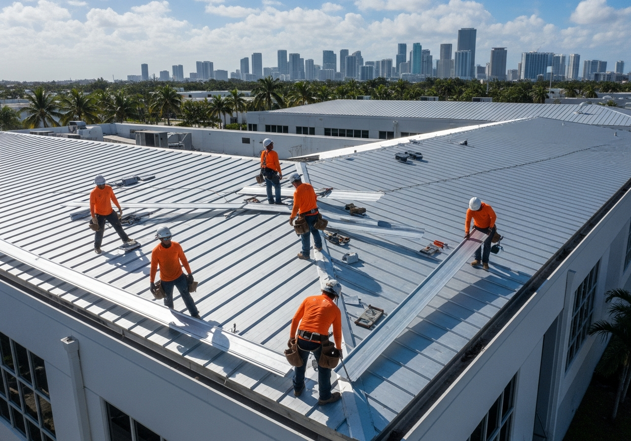 Commercial metal roofing installation crew working on a standing seam roof in Miami