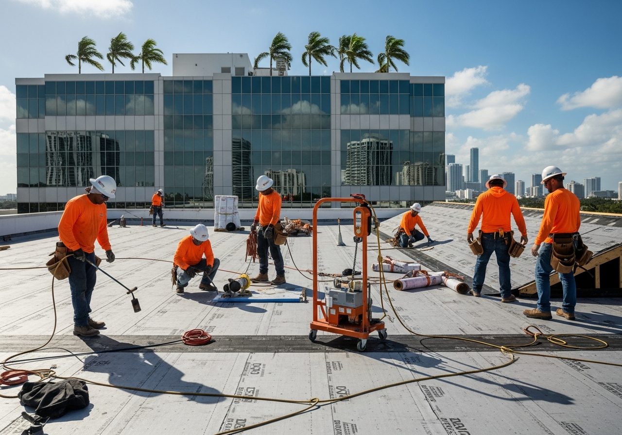 Office building roofing crew installing TPO membrane with Miami skyline in background