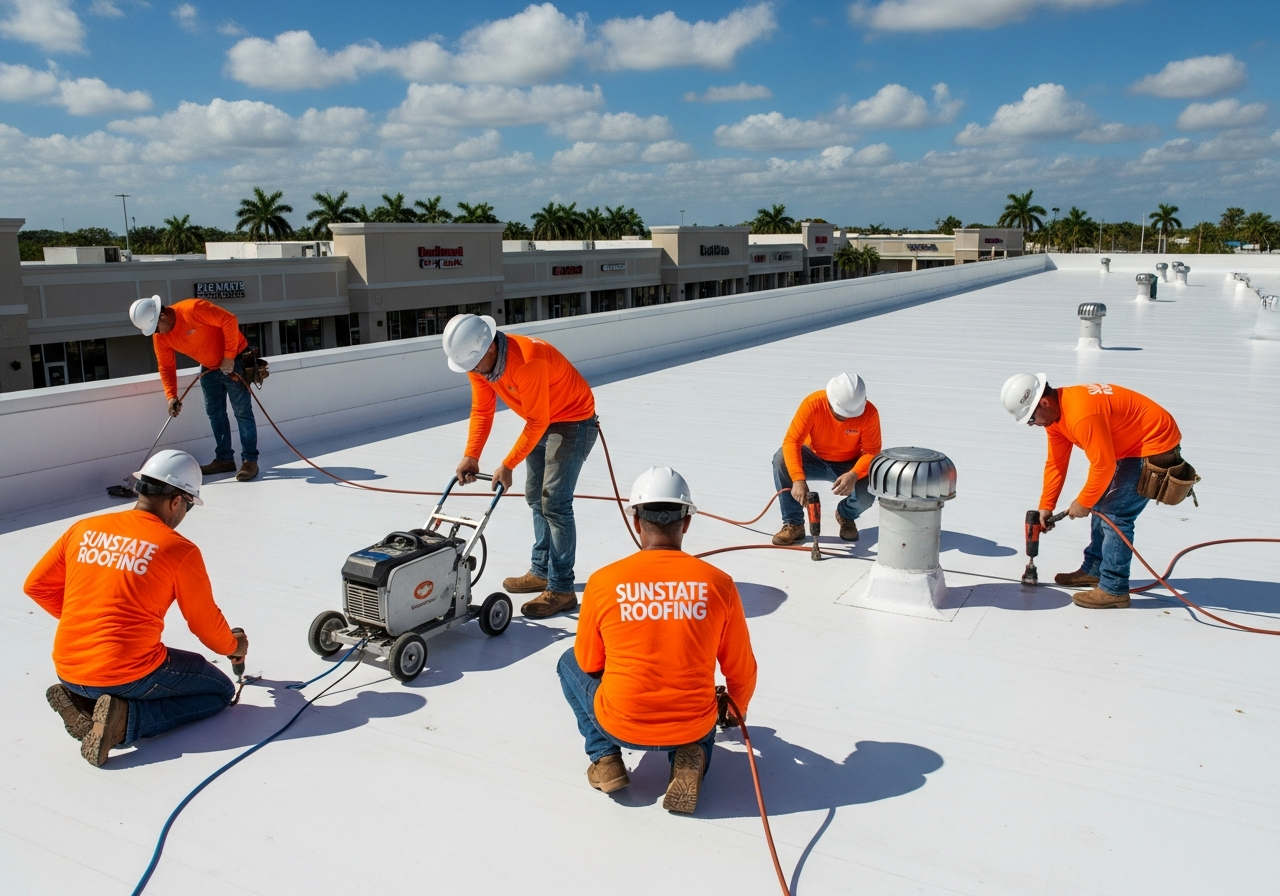Retail center roofing crew installing TPO membrane on a Miami shopping center