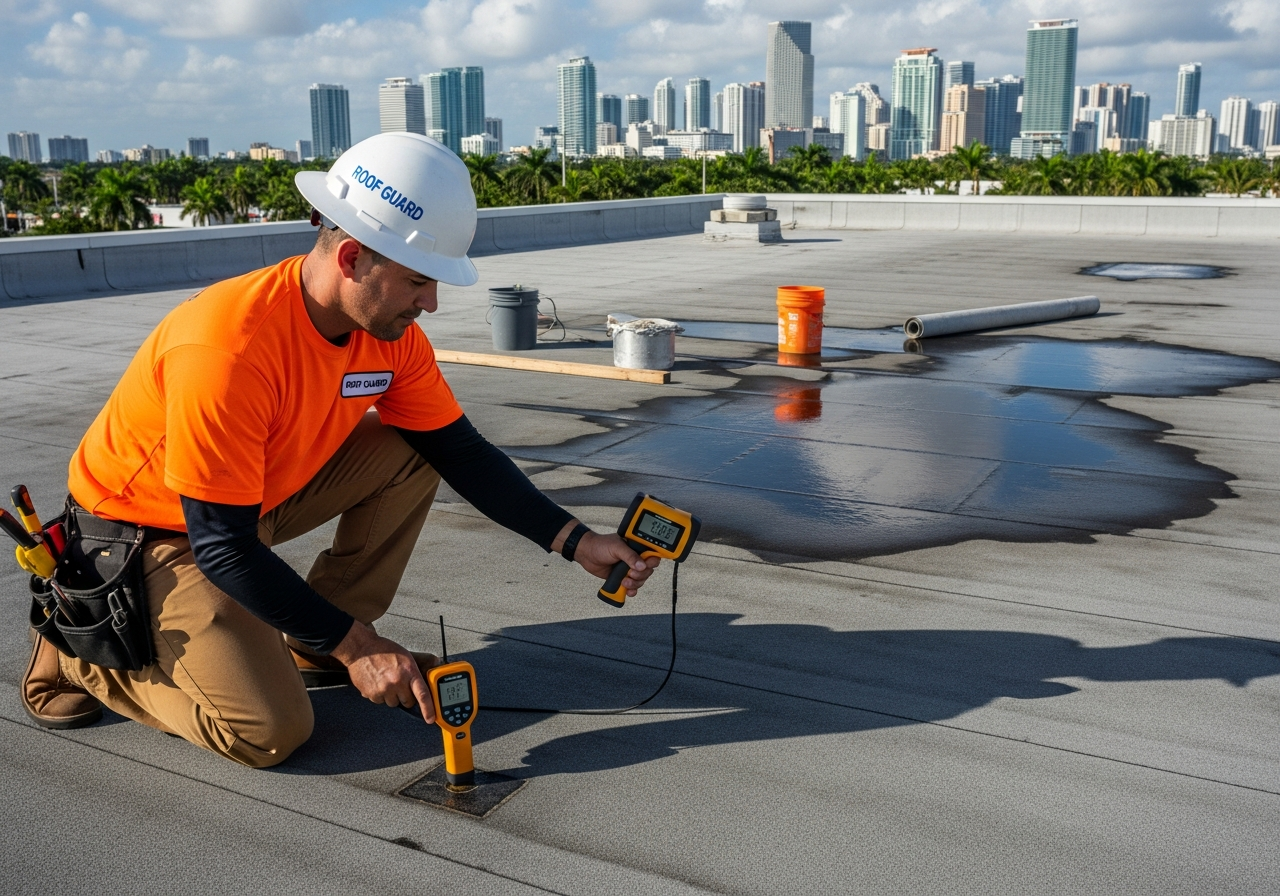 Top Florida Roofing crew locating and repairing a commercial roof leak on a Miami flat roof