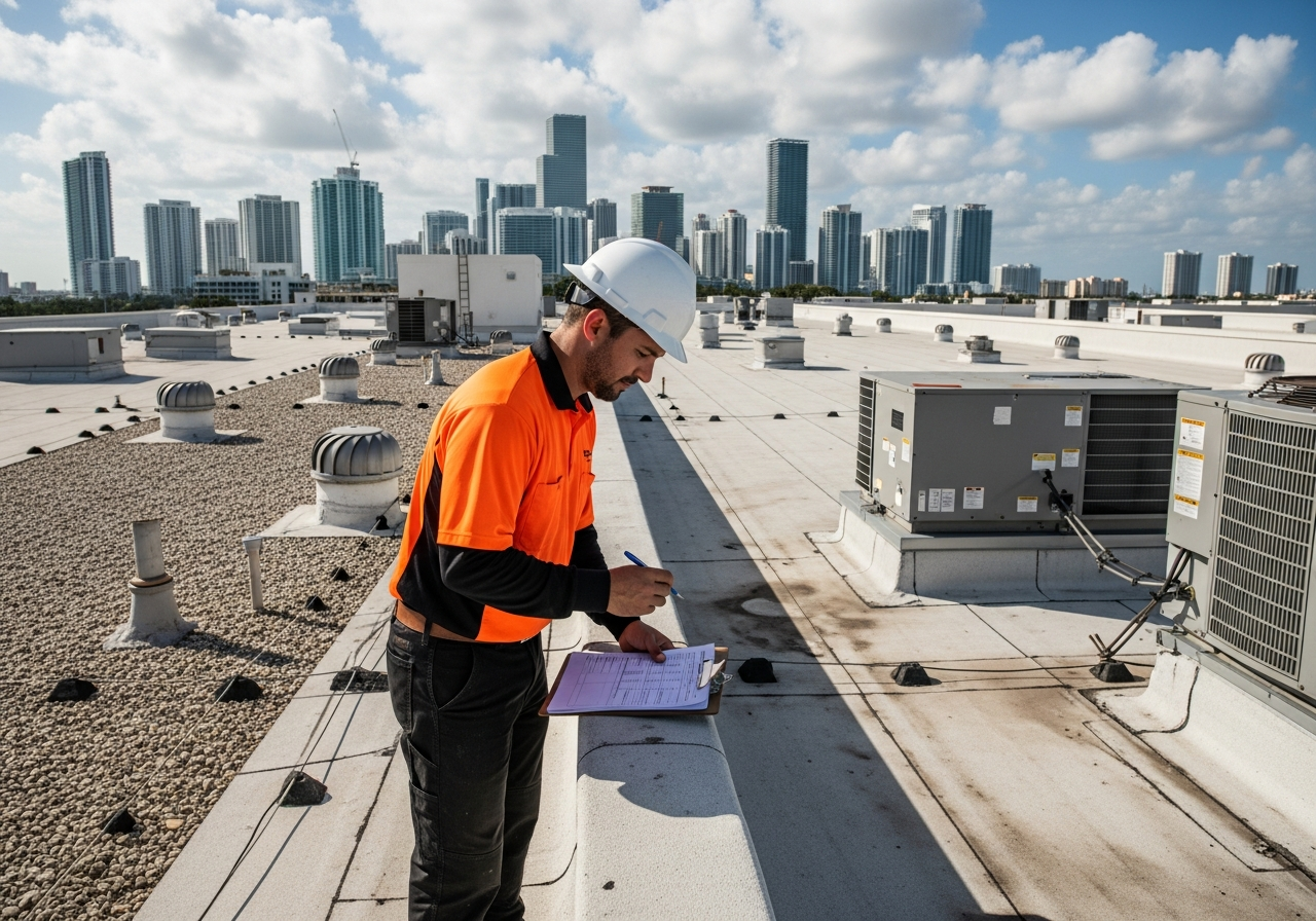 Commercial roof maintenance technicians working on a flat roof in Miami