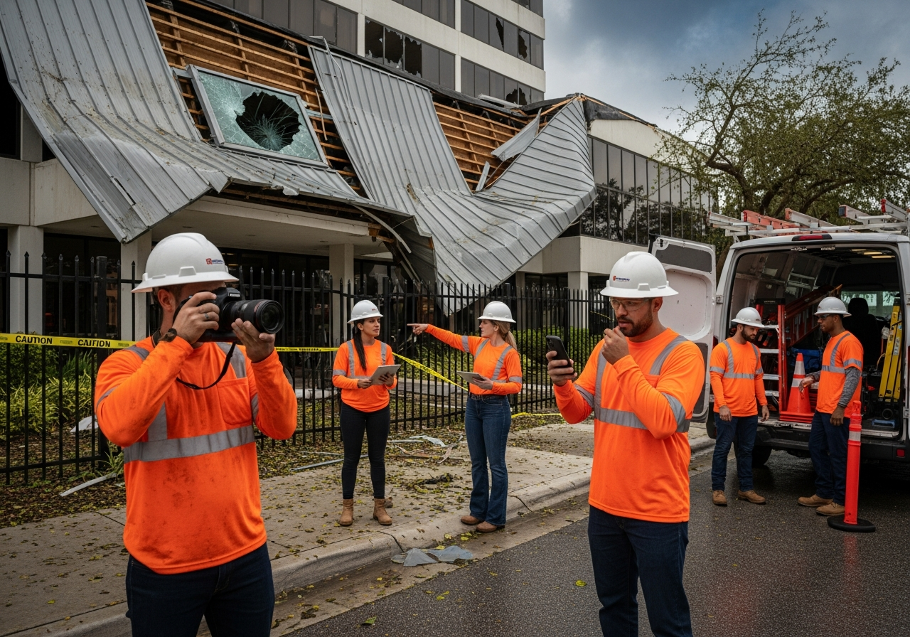 Top Florida Roofing crew documenting and tarping storm-damaged commercial roof in Miami with drone overhead