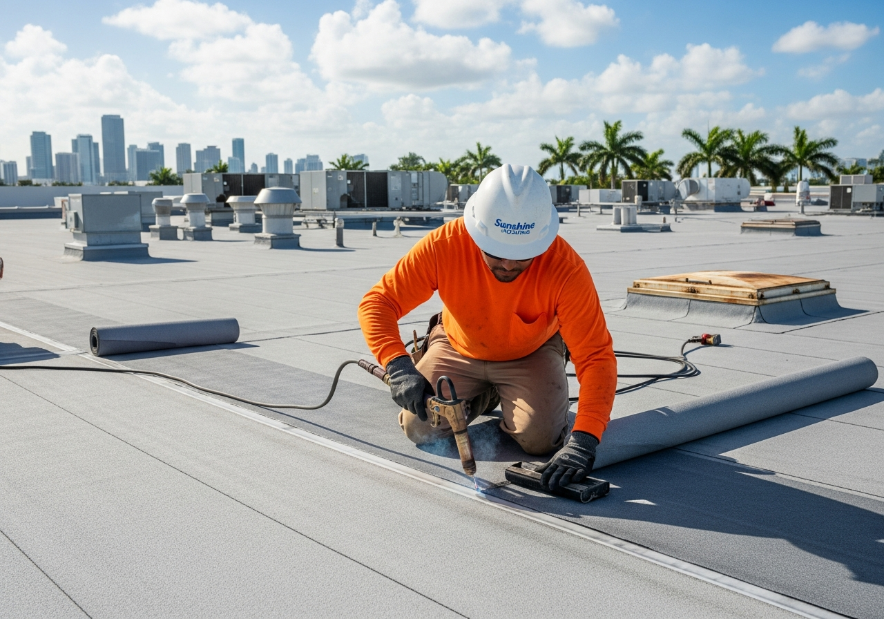 Top Florida Roofing certified crew repairing TPO membrane seams on a commercial rooftop in Miami