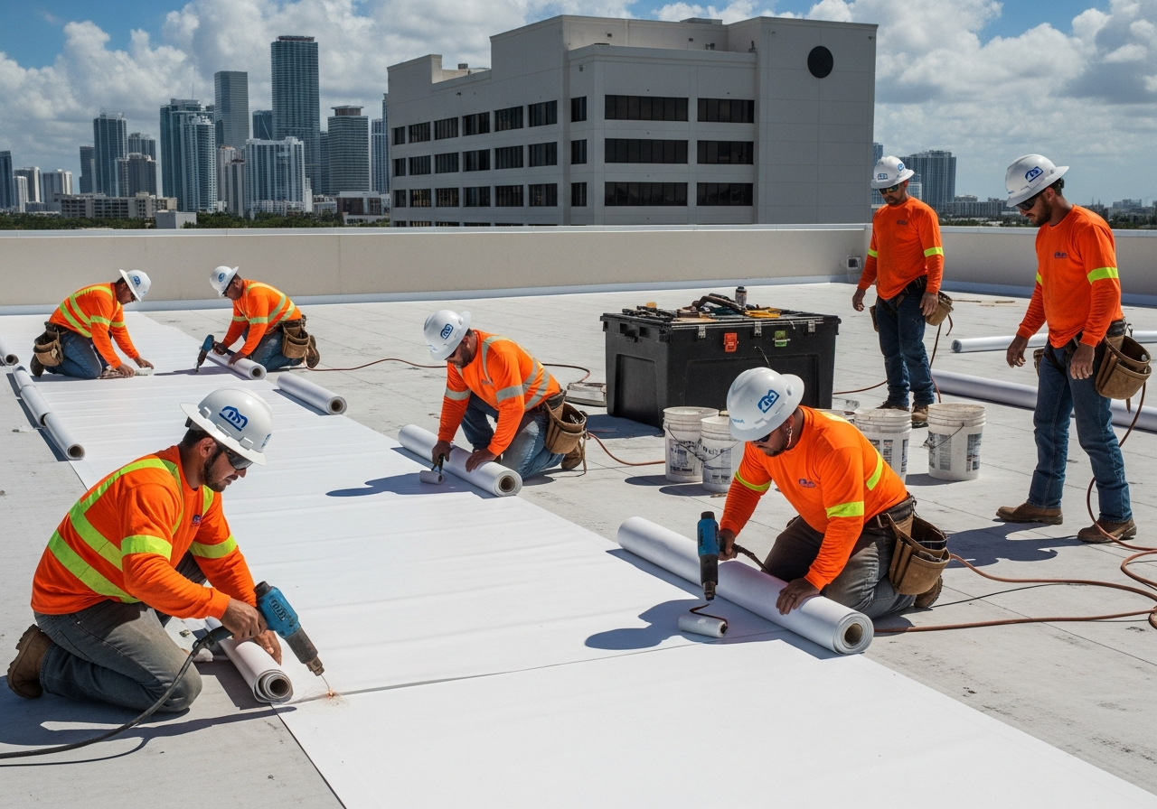 TPO roofing installation crew rolling out membrane on a Miami commercial roof