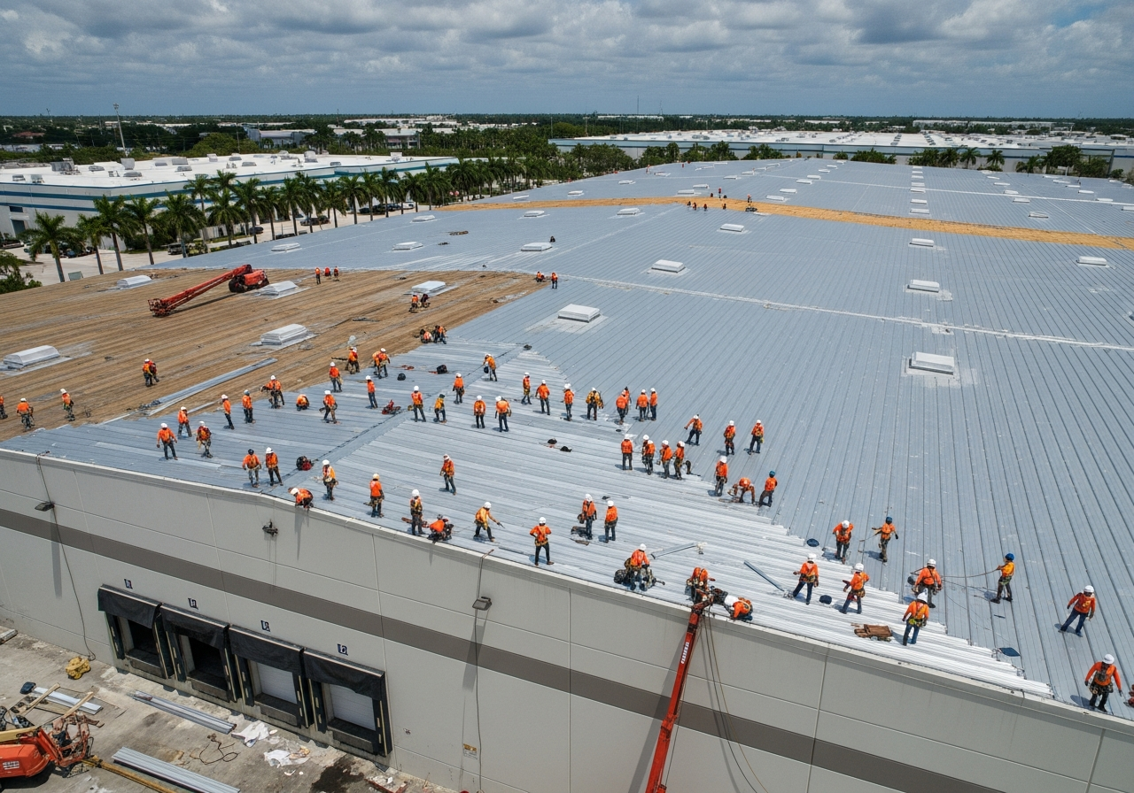 Warehouse roofing crew installing TPO membrane on a large Miami-Dade industrial building