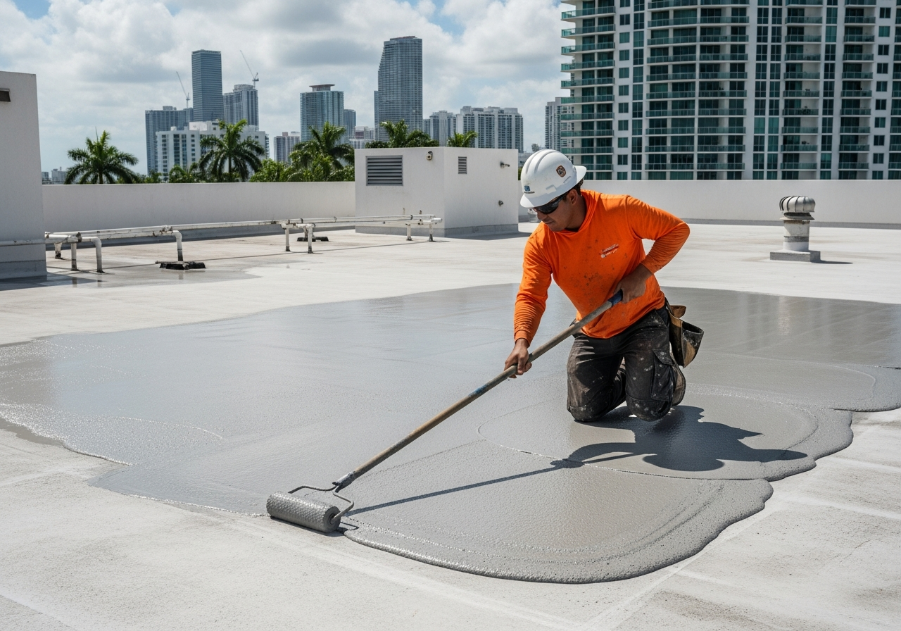 Commercial waterproofing crew applying coating on a Miami rooftop deck