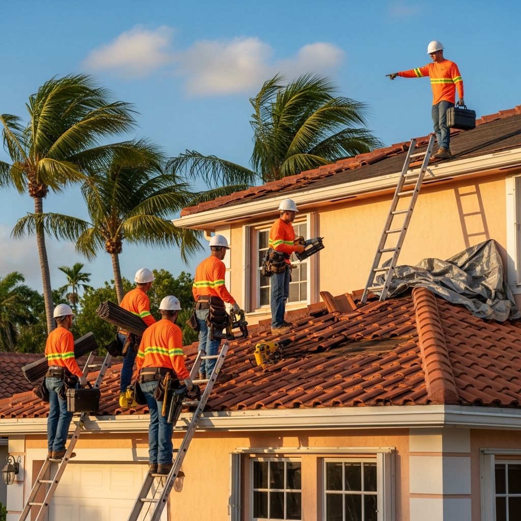 Top Florida Roofing crew tarping a storm-damaged roof in Miami during a lightning storm at night