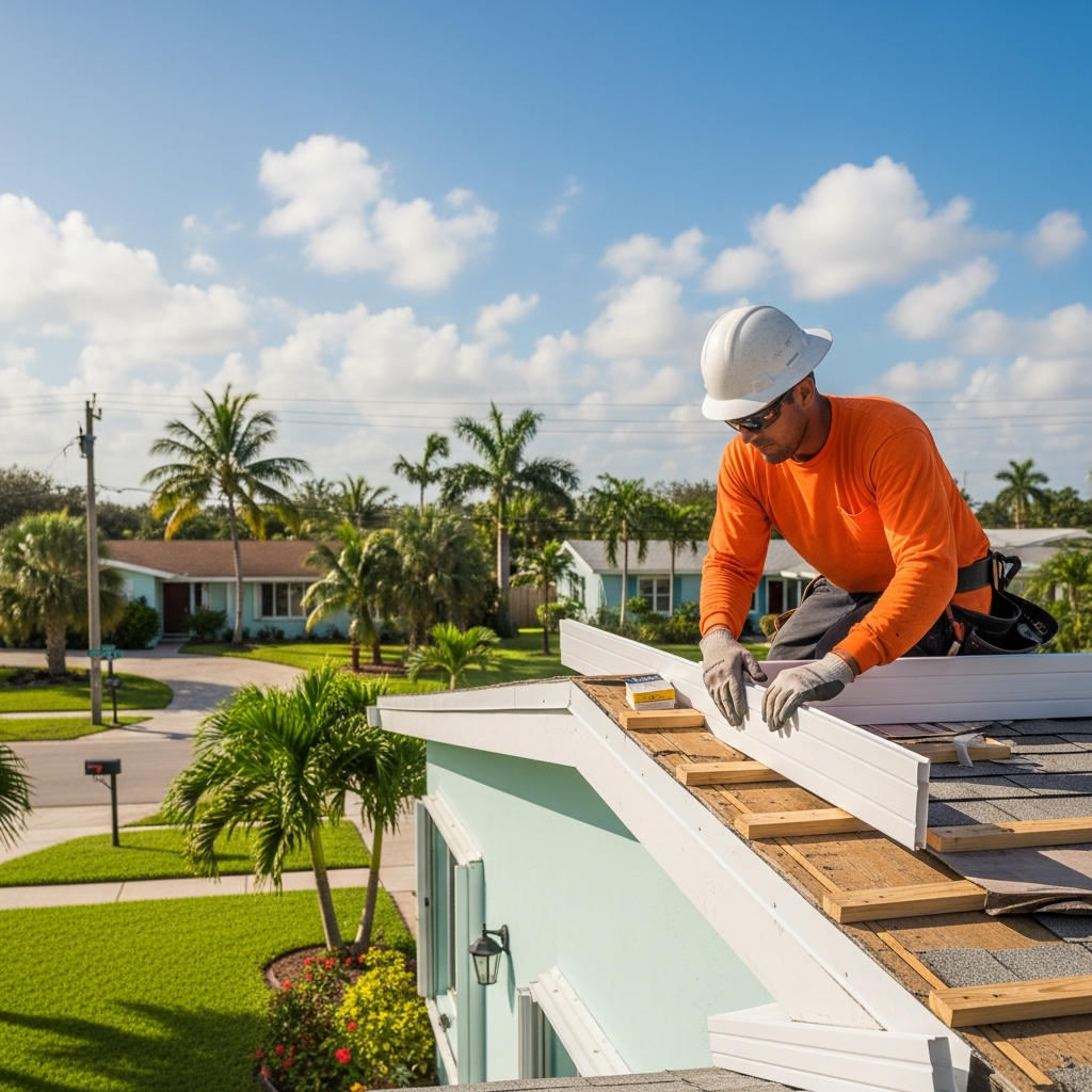 Roofer repairing rotted fascia and soffit on a Miami home with stormy skies in the background
