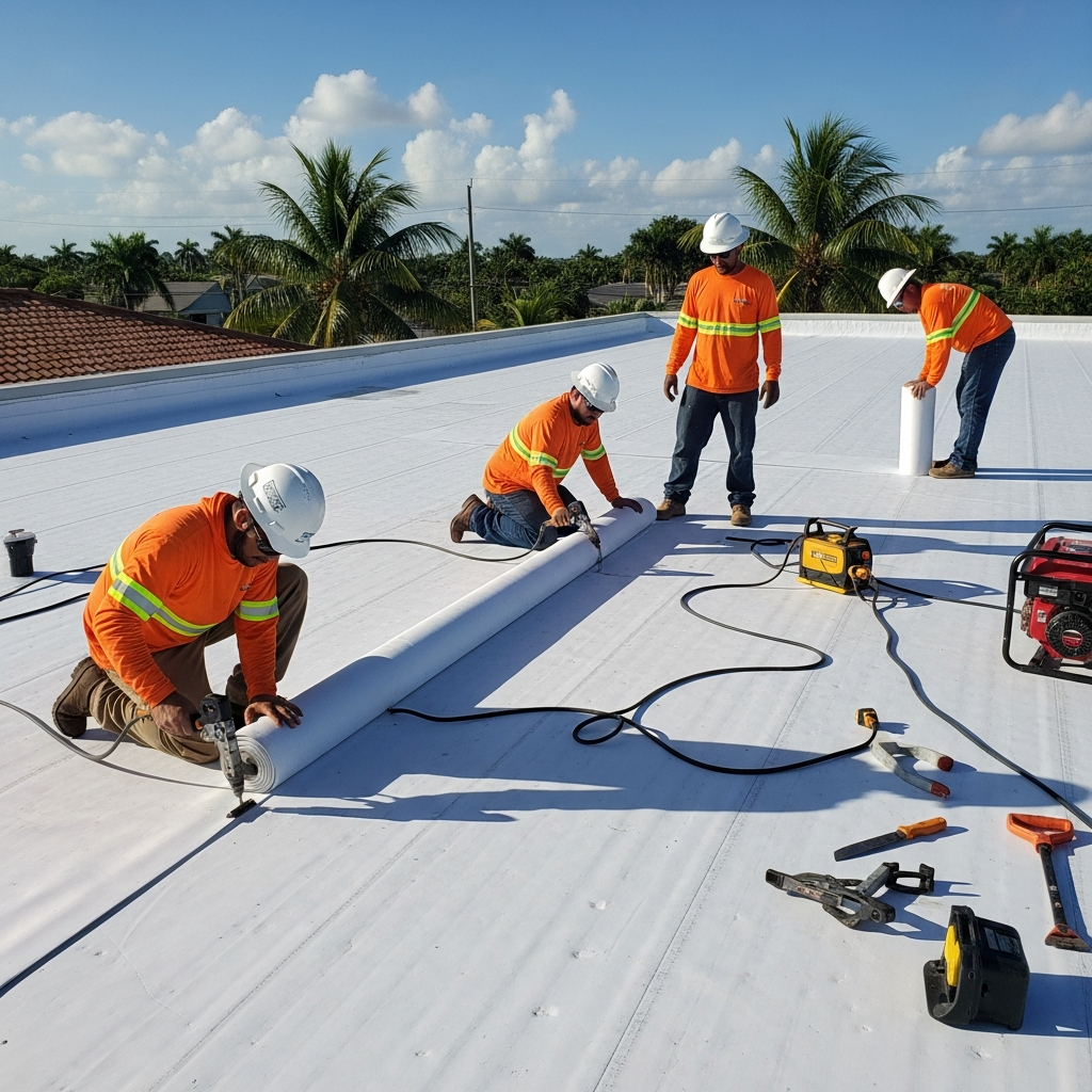 Aerial view of a flat EPDM roof on a residential building in a South Florida neighborhood