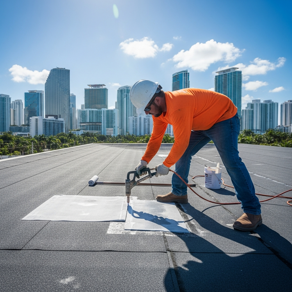 Aerial view of a flat EPDM roof on a residential building in a South Florida neighborhood