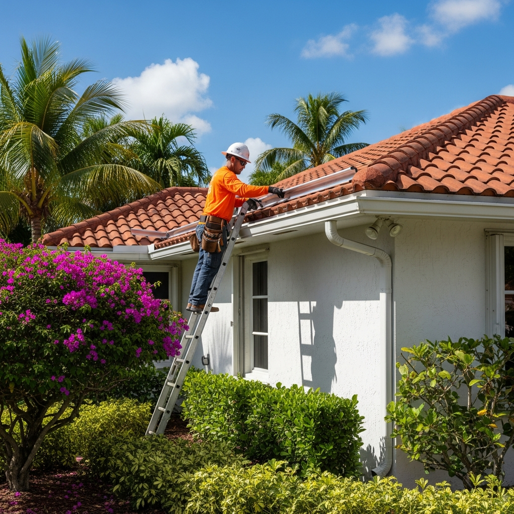 Seamless aluminum gutters installed on a Miami home with professional crew