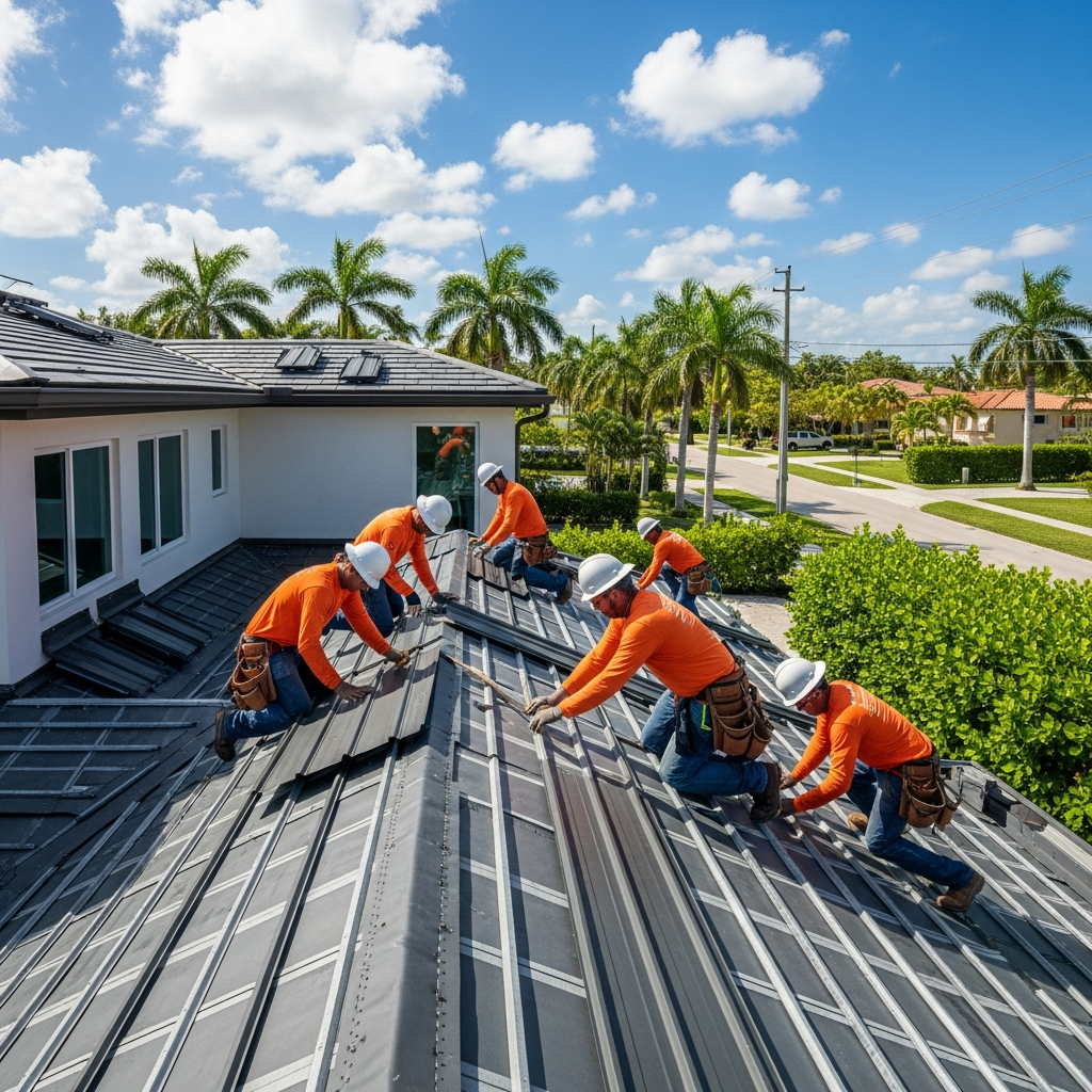 Top Florida Roofing crew installing standing seam metal roof panels on a Miami home