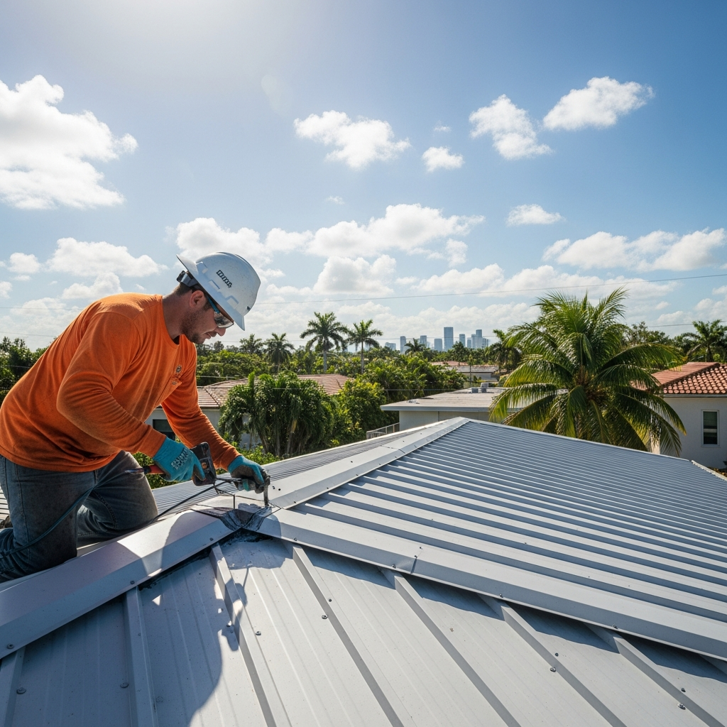Metal roofing specialist installing standing seam panels on a Miami home at sunset