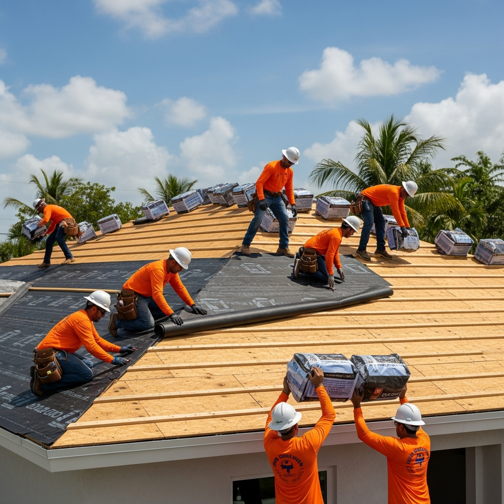 Top Florida Roofing crew installing Polyglass underlayment during a new roof installation