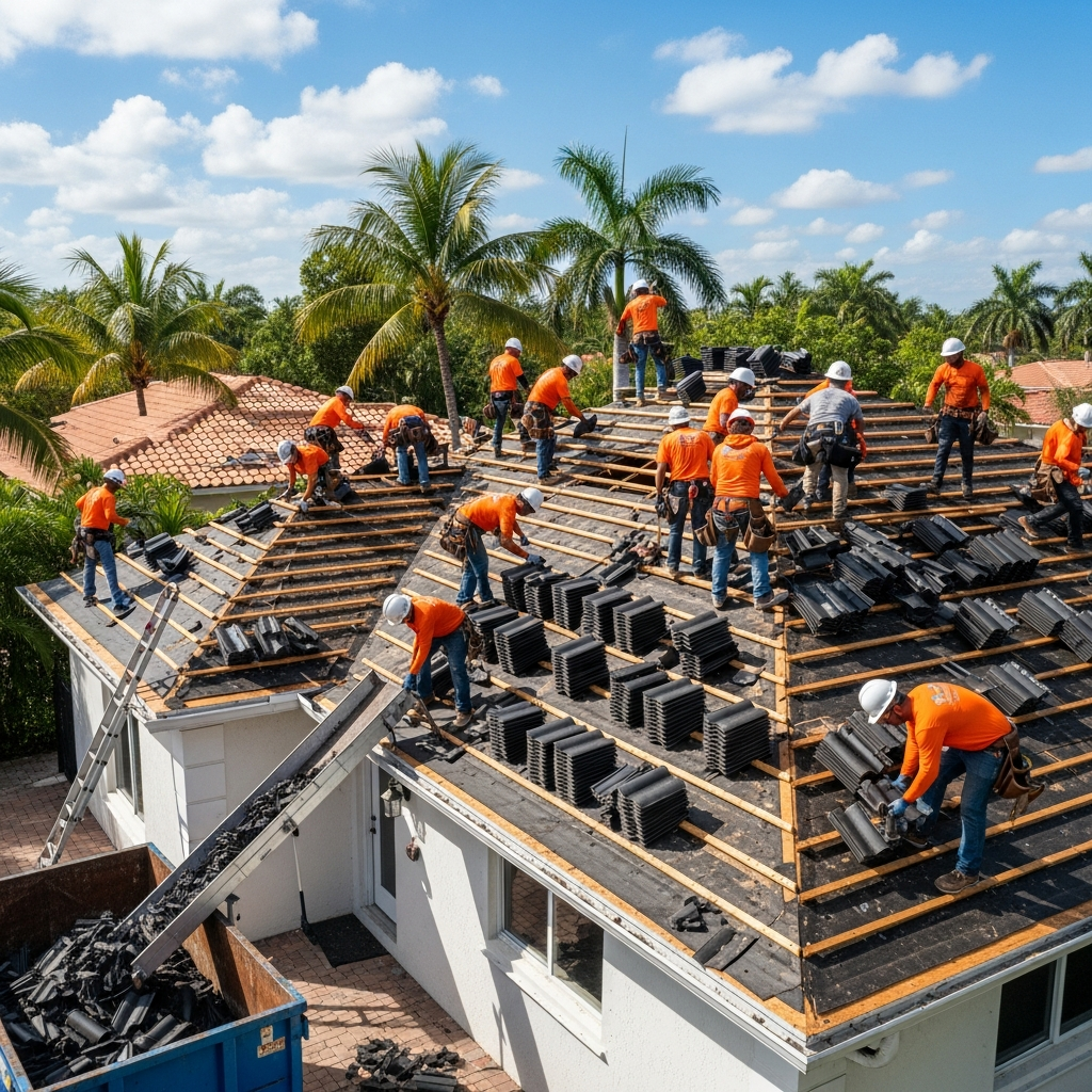 Re-roofing in progress on a Miami home showing full tear-off and new installation